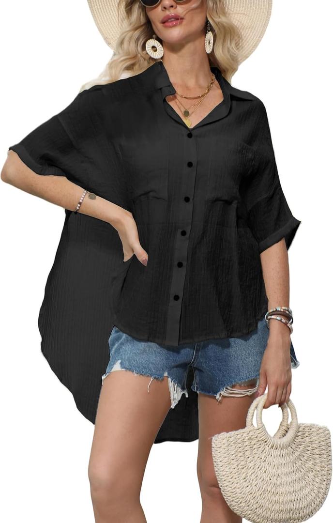Kumufenc Womens Swimsuit Cover Up Summer Bathing Suit Coverup Gauze Button Down Short Sleeve Shirts (Black, L)