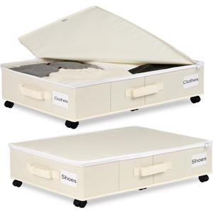 Vincona Under Bed Storage with Wheels, 2 Pack Under Bed Storage Containers with Label Holders for Clothes, Shoes and Blankets, Rolling Underbed Shoe Organizer with Cover, Beige (30.71x15.7x7.28 in)