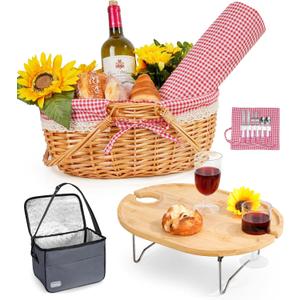 Picnic Basket for 2 with Table and Blanket Collapsible Cooler Bag Insulated Picnic Set for Beach Picnic Hamper Picnic Date Essentials for Outdoor Picnic Accessories Wedding Gift/Bridal Shower Gift (Red and White Lining)