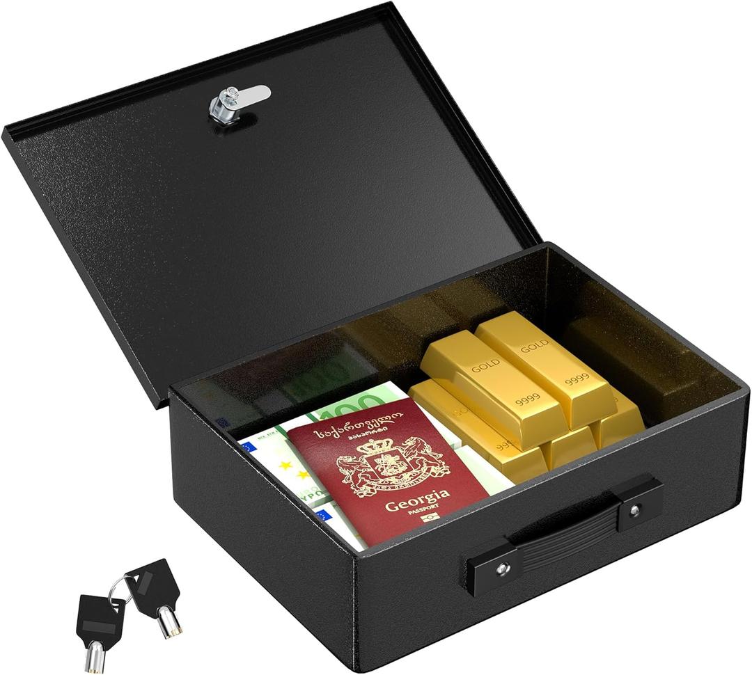 Joinfworld Fireproof Document Box 13"x9"x4" Metal Lock Box with Keys for A4 Paper, Securely Storing, Cash, Passport, Personal Items Black