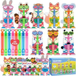 Valentines Day Gifts for Kids, 32 Pack Mini Bubble Wands with Valentines Animal Themes Greeting Cards for Kids, Valentine's Day School Prize Party Favor, Classroom Exchange Gift Set
