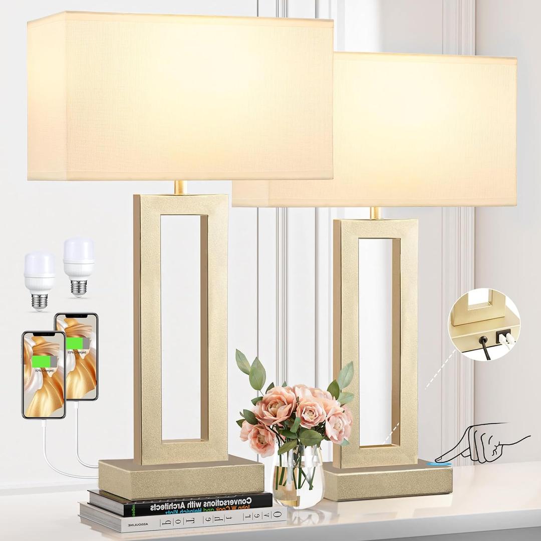 Seealle 22" Tall Bedroom Lamps for Living Room - Touch Gold Bedside Lamps with USB C+A, 3 Way Dimmable for Nightstand, Modern Night Stands for End Tables (White & Gold)