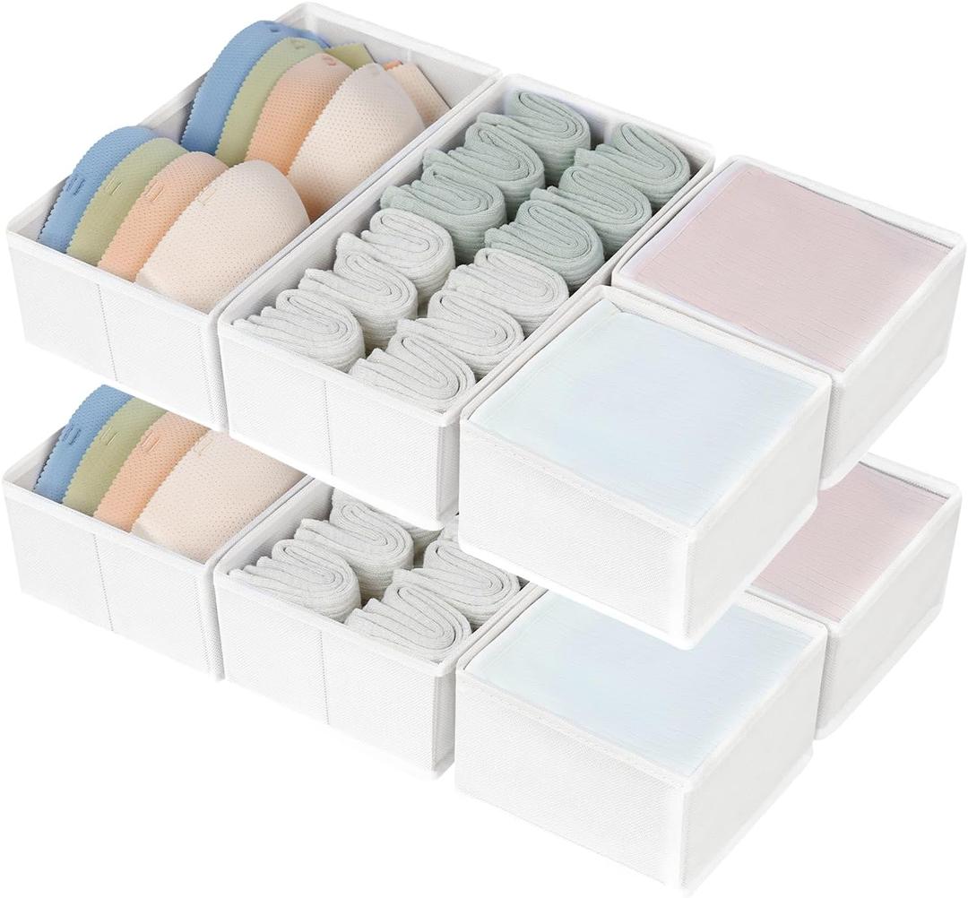 DIMJ Drawer Organizers - Set of 8 Fabric Closet Organizers and Storage, Drawer Dividers for Baby Clothes, Socks, Belt, Tie (Pink) (White)