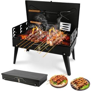 Portable Charcoal Grill Foldable BBQ Grill Kit - Compact Camping Grill for Outdoor BBQ, Cooking, Picnics, Beach, Backyard - Barbecue Accessories with Grill Tools