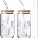 2 Pcs Coquette Pink Bow Glass Cups with Lids and Straws Aesthetic 16 oz Icon Juice Iced Coffee Cups Preppy Cute Bow Stuff Tumbler Mug Drinking Glasses, with Cleaning Brush