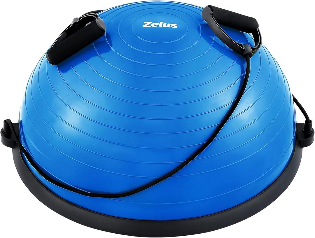 ZELUS Balance Ball Trainer with Resistance Bands and Foot Pump, Inflatable Yoga Ball for Home Gym Workouts, 23 Inch Exercise Half Ball for Balance Training Core Strength Fitness More, 330lb Cap (Blue)