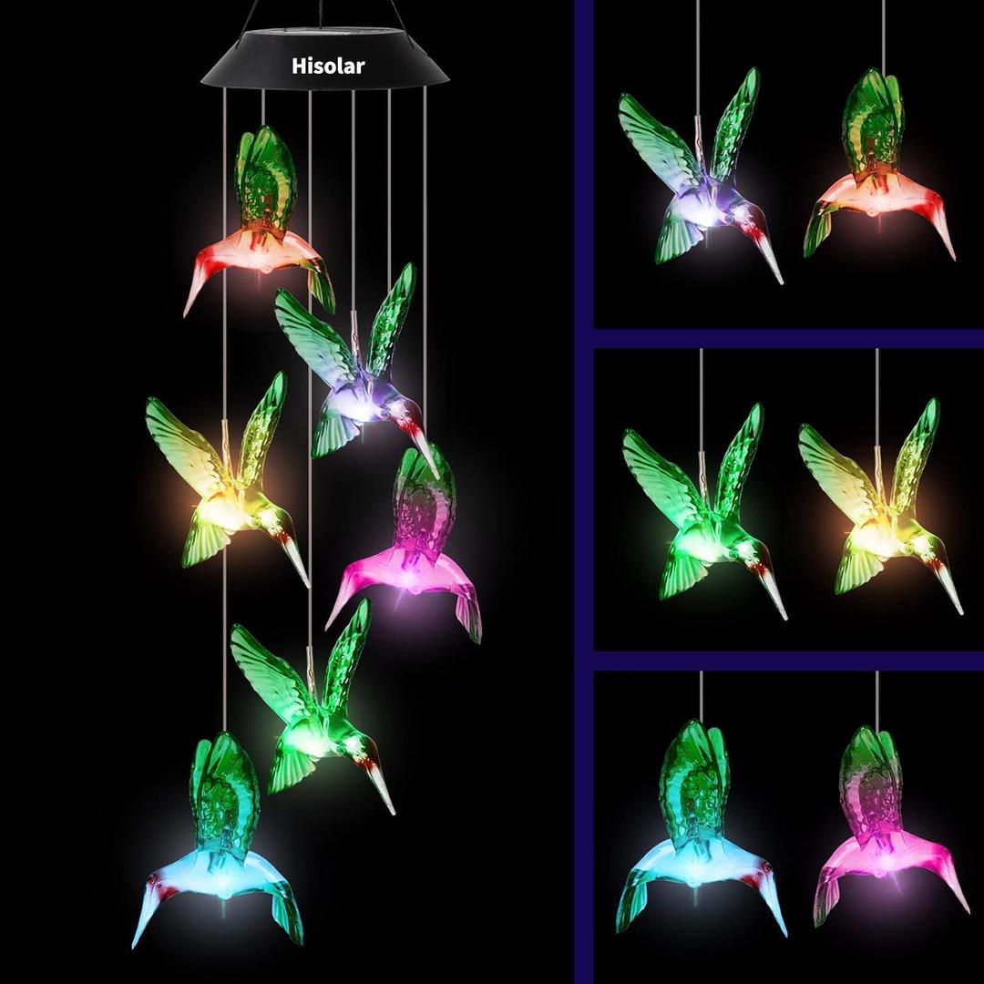 Hummingbird Solar Wind Chimes Outdoor Color Changing LED Solar Chimes Light Birthday Gifts for Women Garden Gifts for Mom Grandma Mothers Day Memorial Wind Chimes (Green Hummingbird)