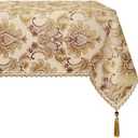 Loom and Mill Luxury Rectangle Tablecloth 60 x 120 Inches, Elegant Damask Golden Floral Waterproof Table Cover with Handmade Tassels for Dining Table Banquets Decorations(Beige, 60"x120")