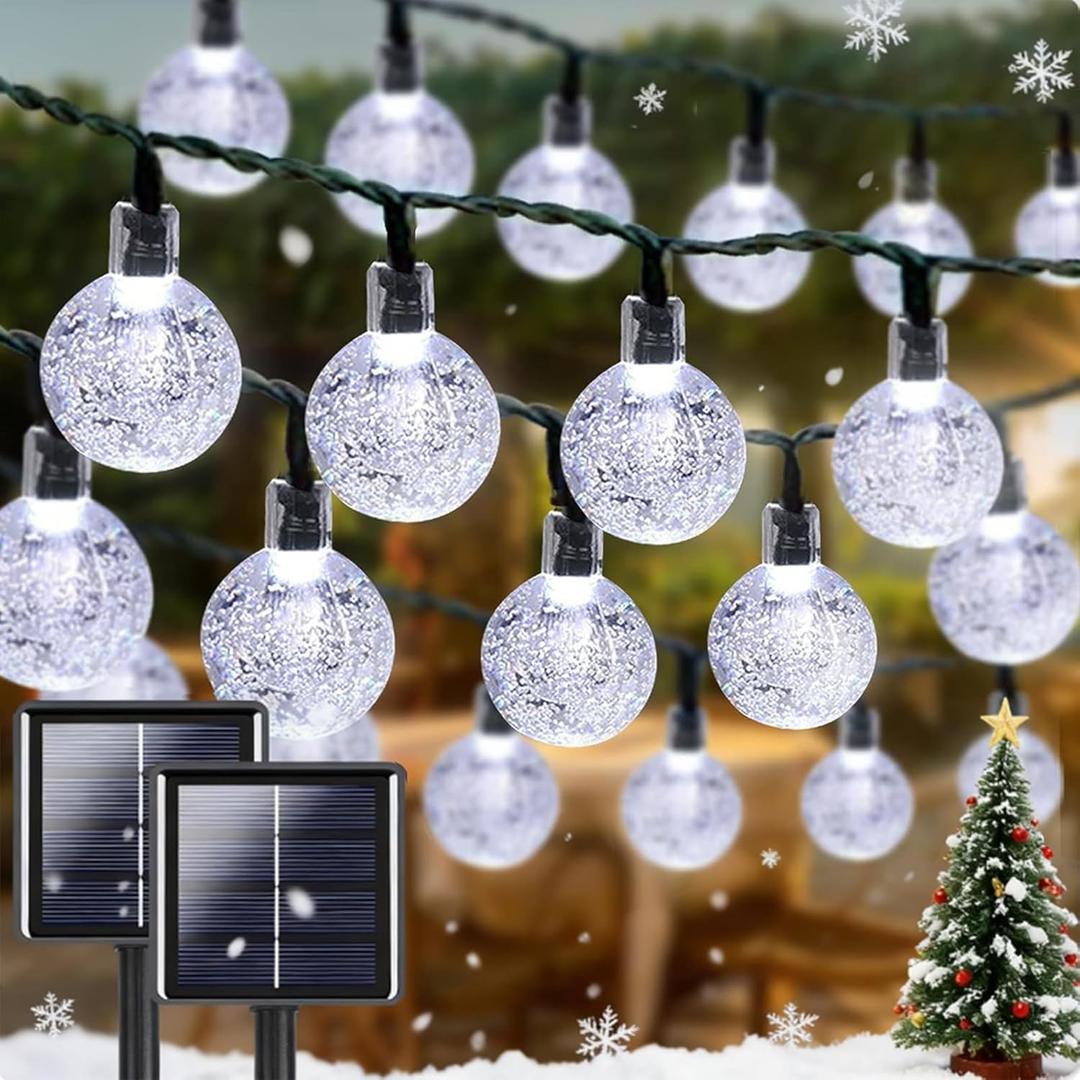 White 2-Pack 100 LED 64FT Crystal Globe Solar Lights Outdoor, Waterproof Solar Christmas String Lights Outdoor Decorative with 8 Lighting Modes for Christmas Decorations Garden Wedding Party Tree