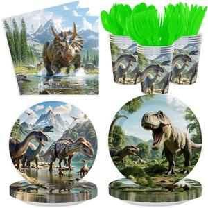 Dinosaur Birthday Decorations, 168 Pcs Dinosaur Party Supplies Includes Plates Napkins Cups for 24 Guests, Dino World Themed Tableware Set Dinosaurs Theme Birthday Party Decoration