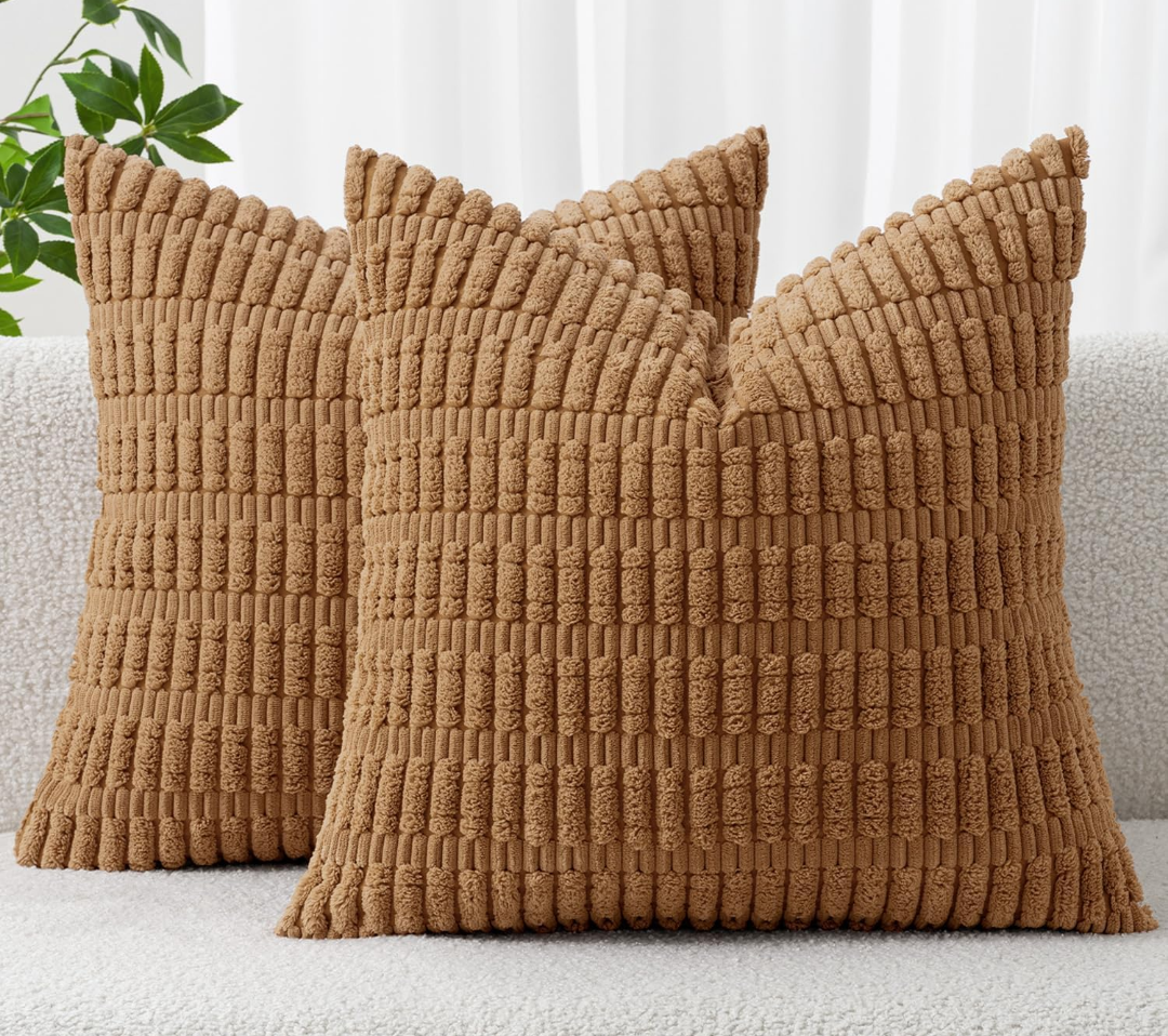MIULEE Pack of 2 Corduroy Decorative Throw Pillow Covers 18x18 Inch Soft Boho Striped Pillow Covers Modern Farmhouse Home Decor for Sofa Living Room Couch Bed Brown