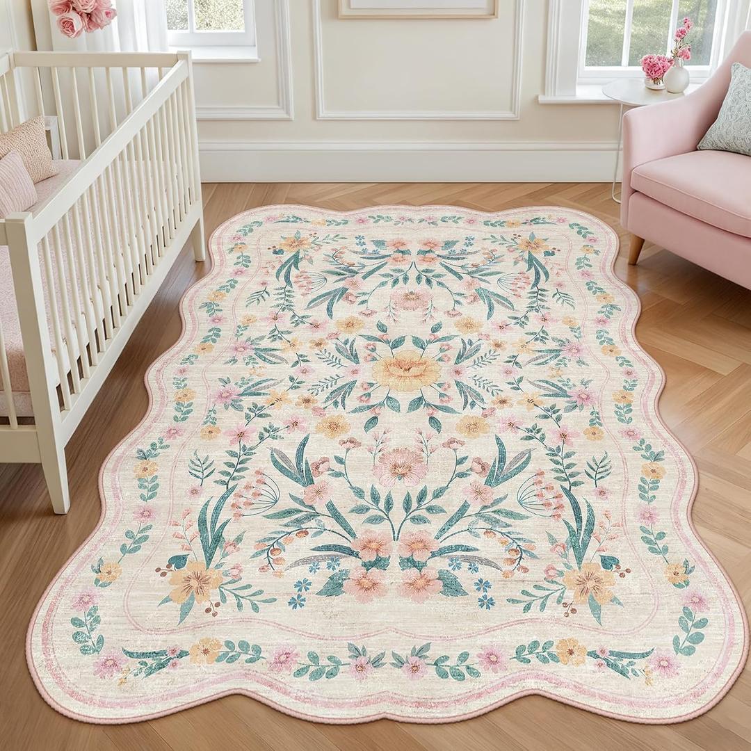 Pink Floral Rug 4X6 for Girls Bedroom or Nursery, Scalloped Cottagecore Washable Non-Slip Area Rug, Cute Soft Boho Carpet for Kids Room, Dorm, or Playroom