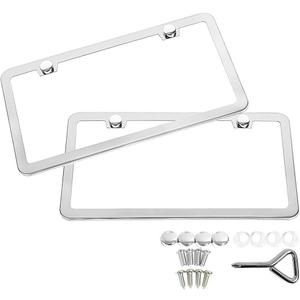 SunplusTrade 2 Stainless Steel Polish Mirror License Plate Frame + Chrome Screw Caps (Silver)