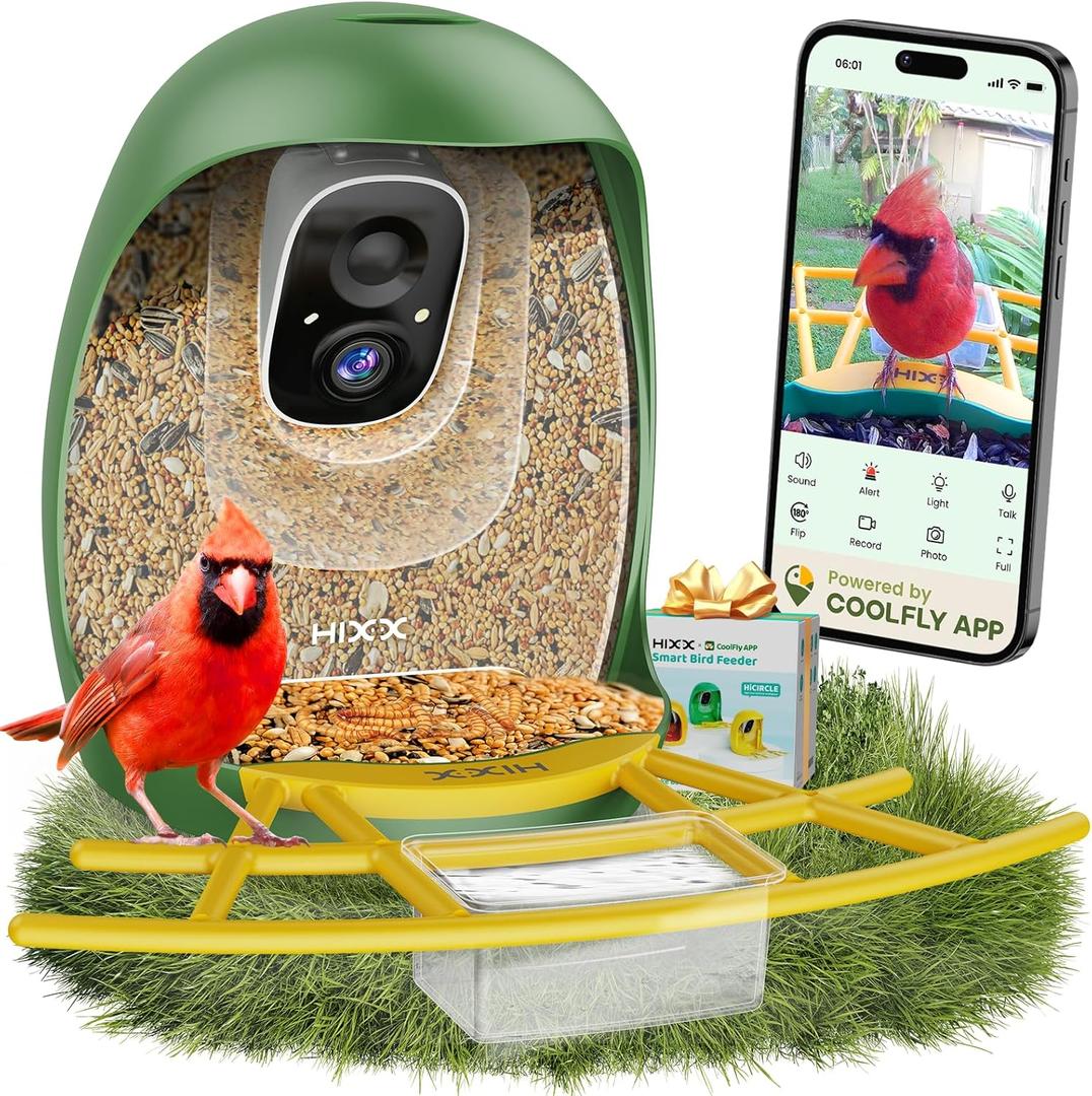 HIXX Smart Bird Feeder with Camera, AI Identify Birds & Auto Capture, 2K HD Live Camera Birdwatching with Color Night Vision for Bird Lovers Gifts (Green)