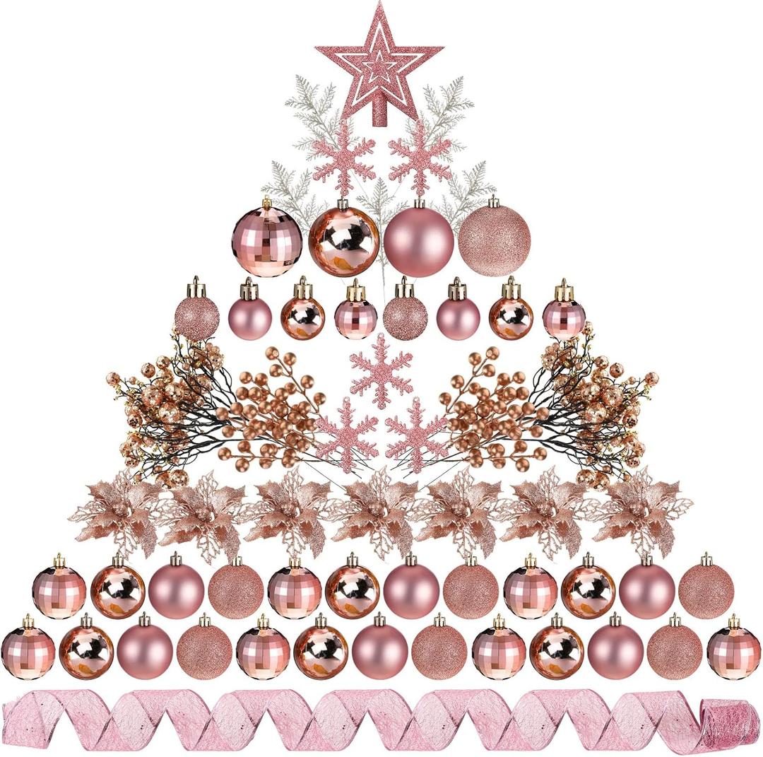 Sratte 94 Pcs Christmas Tree Decorations Set, Christmas Tree Ball Ornaments Glitter Poinsettia Flowers Decorations Glitter Berries Stems for Xmas Holiday Wedding(Rose Gold)