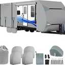 Travel Trailer RV Cover 22-24 ft, 7-Layer Thick，400 LBS Tear Resistance
Waterproof, Windproof & Anti-UV Camper Cover w/ Tongue Jack Cover, Gutter Covers, Tire Covers, Stair Cover, Straps & Storage