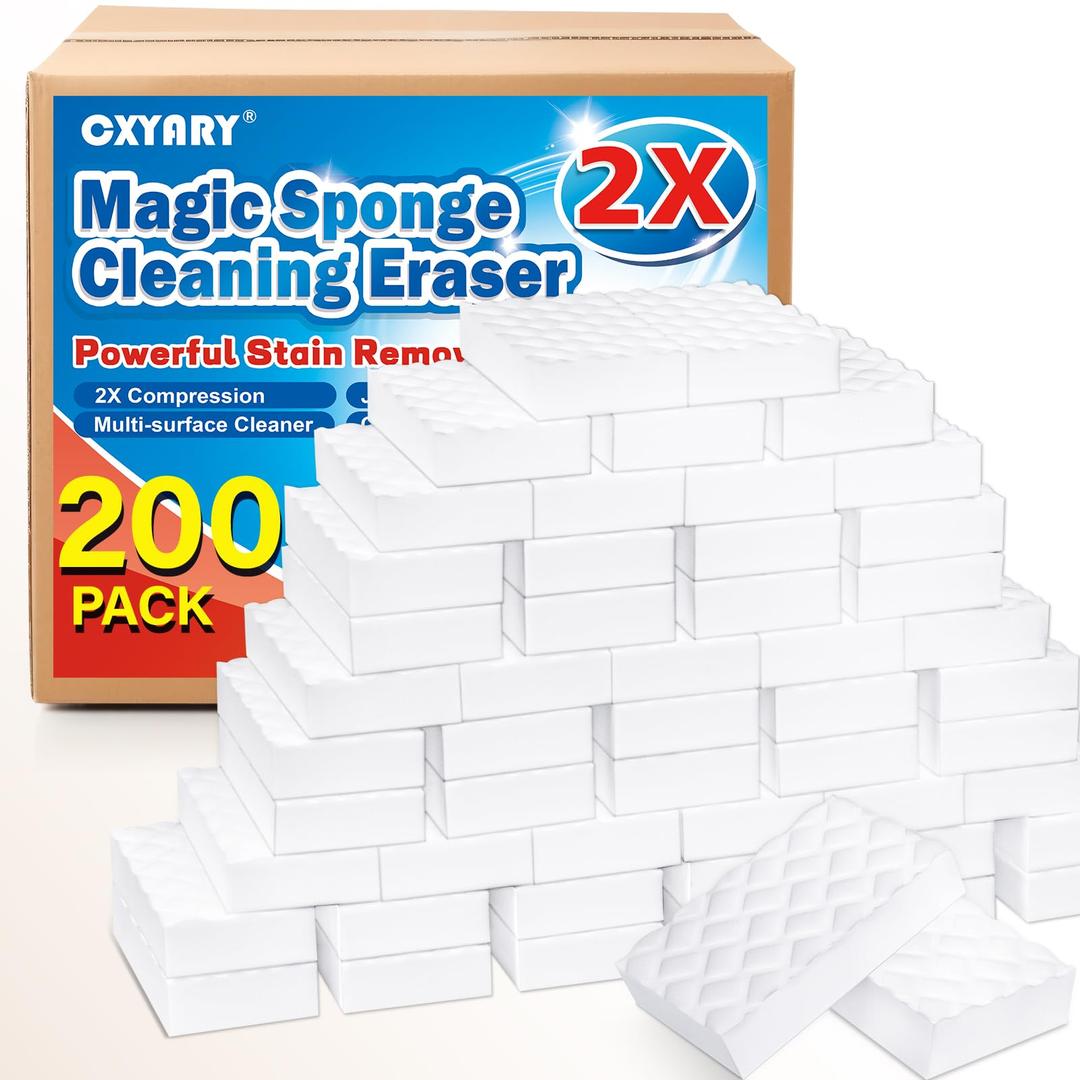 Magic Sponges Cleaning Eraser, 200 Pack 2X Density Stronger Melamine Sponge Foam Pads, Multi-Functional Household Cleaner Dish Sponge, Cleaning Supplies for Kitchen, Bathroom, Floor, Sink, Wall Cleaner