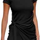 BTFBM Women 2026 Summer Casual Short Sleeve Ruched Bodycon Tank T Shirt Dress Tie Waist Sun Beach Spring Mini Dresses(Short Sleeve Black, Large)