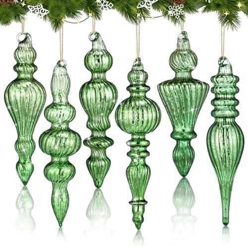 Soaoo 5 Pcs 6.3 inch Dark Green Mercury Glass Finial Christmas Ornaments Hanging Christmas Finials Glass Ornaments Assorted Mercury Decor for Xmas Tree Vintage Holiday Decoration(Classic)