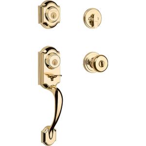 Kwikset Montara Front Door Lock Handle and Deadbolt Set, Entry Handleset Exterior with Interior Door Knob, Polished Brass, Pick Resistant SmartKey Rekey Deadbolt Security