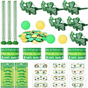 108PCS St. Patricks Day Party Favor Set, Shamrock Glasses Necklaces Bracelets Mustaches Coins Face Tattoos, Green Irish Accessories for St. Patrick's Day Decorations Supplies