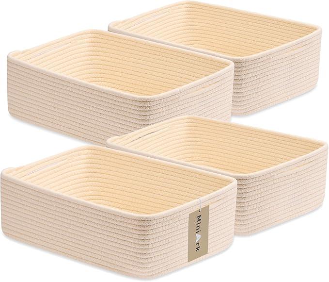 Large Shallow Organizing Baskets 15x11x5.1 Inches - Rope Woven Storage Bins for Bathroom, Shelves, Cube Closet, Black 4 Packs