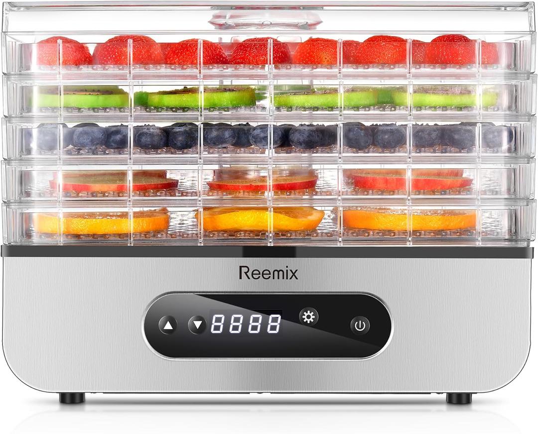 Food Dehydrator Machine, Compact Dehydrators for Food and Jerky, Fruits, Veggies, 500W Dehydrated Dryer with Temperature Control, 5 BPA-Free Trays Dishwasher Safe, Silver