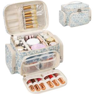 Large Cotton Makeup Bag, Quilted Floral Makeup Bag Organizer for Women Girls with Makeup Brush Compartment & Two Side Pockets, Cosmetic Travel Bag Vertical Storage- Blue Flower