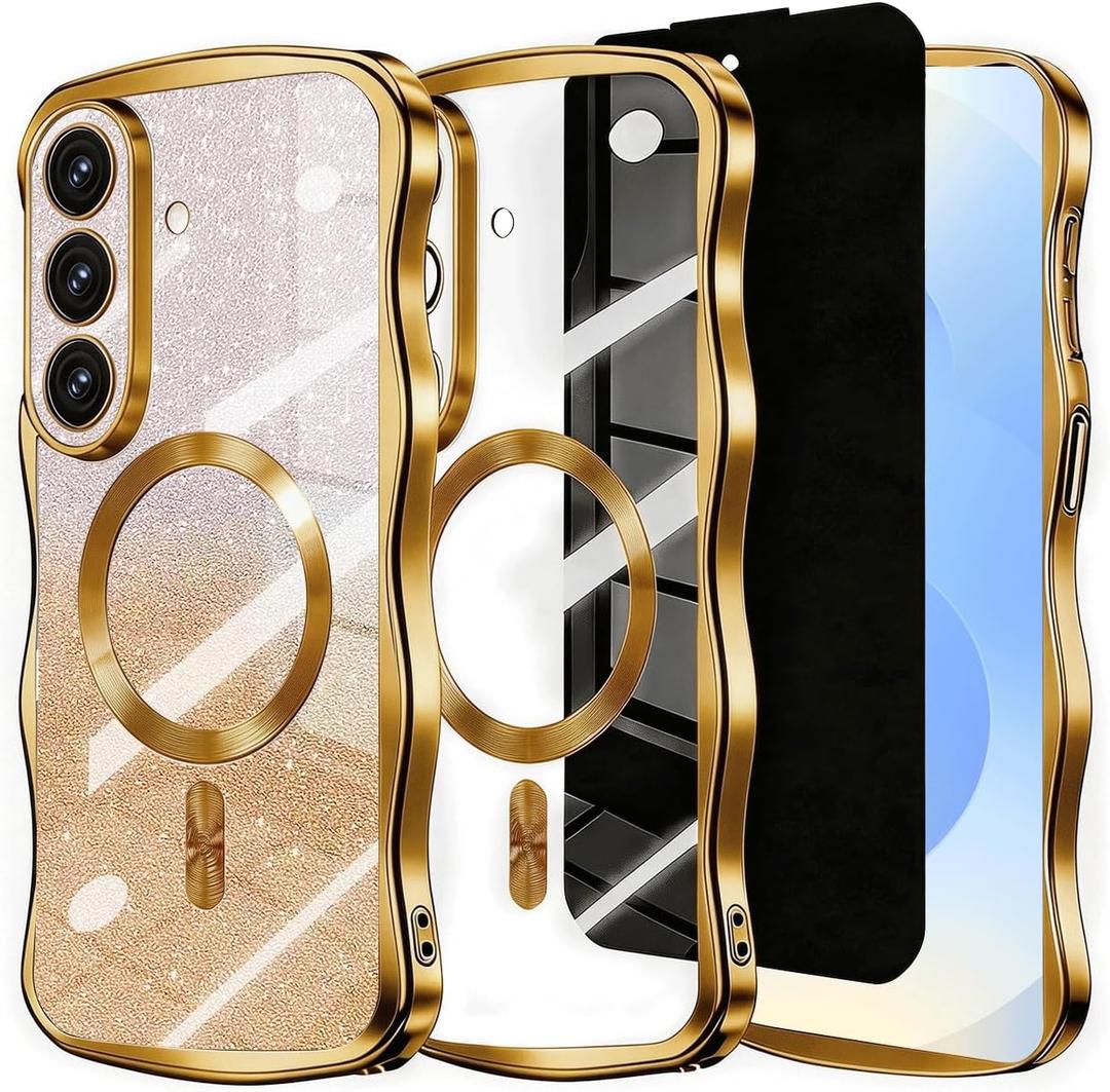 Glitter for Galaxy S26 Case with Camera Lens Protector,[Privacy Screen Protector] Bling Sparkle Protective Magnetic Phone Case for Women Shiny Gradient Cover for Galaxy S26 Gold