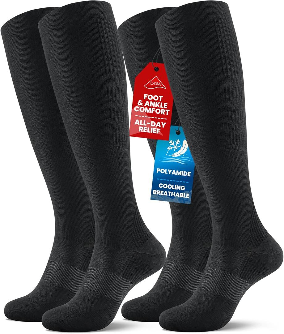 PULIOU Cooling Compression Socks for Women Men, 20-30 mmHg Circulation Knee High for Travel, Flying, Running, 2 Pairs (Black)