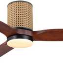 52" Ceiling Fan with Light - Low Profile Flush Mount Ceiling Fan, 6-Speed Remote Control, Solid Wood, Quiet Reversible DC Motor,Walnut/Black Finish, for Bedroom, Living Room, Porch