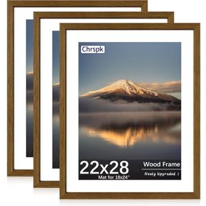 22X28 Poster Frame, Display Pictures 18X24 with Mat or 22X28 Without, Wall Hanging Frames, Rustic Brown, 3 Pack
