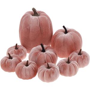9Pcs Pink Faux Assorted Velvet Pumpkins Decorations Artificial Fabric Pumpkin Foam Fall Wedding Halloween Home Decor Thanksgiving Farmhouse