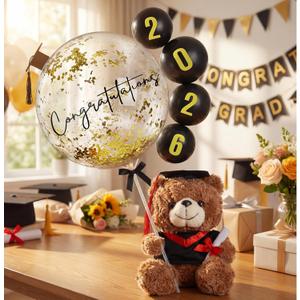 Gejoy Graduation Party Decoration 9 Inch Graduation Bear Grad Bear Bouquets Decor Class of 2026 with Bobo Balloon Table Centerpiece Graduate Gift Ideal for Her College Grad Party