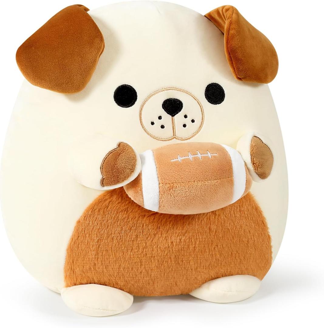 Onsoyours Original Bulldog Plush with Football, Cute 12 inch Sport Dog Brown-White Stuffed Animal, Ultra Soft Collectible Hugging Gift Puppy Plush Toy