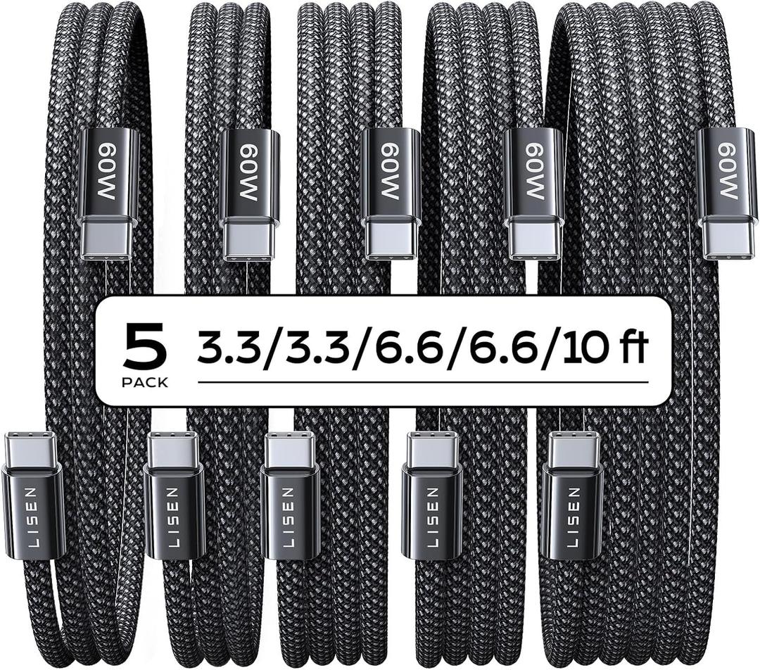 LISEN USB C to USB C Cable, 5-Pack [3.3/3.3/6.6/6.6/10FT] for iPhone 17 Charger Cord, 60W C to C Cable Fast Charging for iPad, iPhone 16 15 Pro Max, Galaxy S25/S24 USBC to USBC Cable Gifts for Men