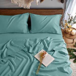 100% Pure Linen Sheet Full 4 pcs Sheet Set Deep Pocket Up to 16" Mattress Soft Breathable Bed Set Comfortable for All Season (Aqua, Full)
