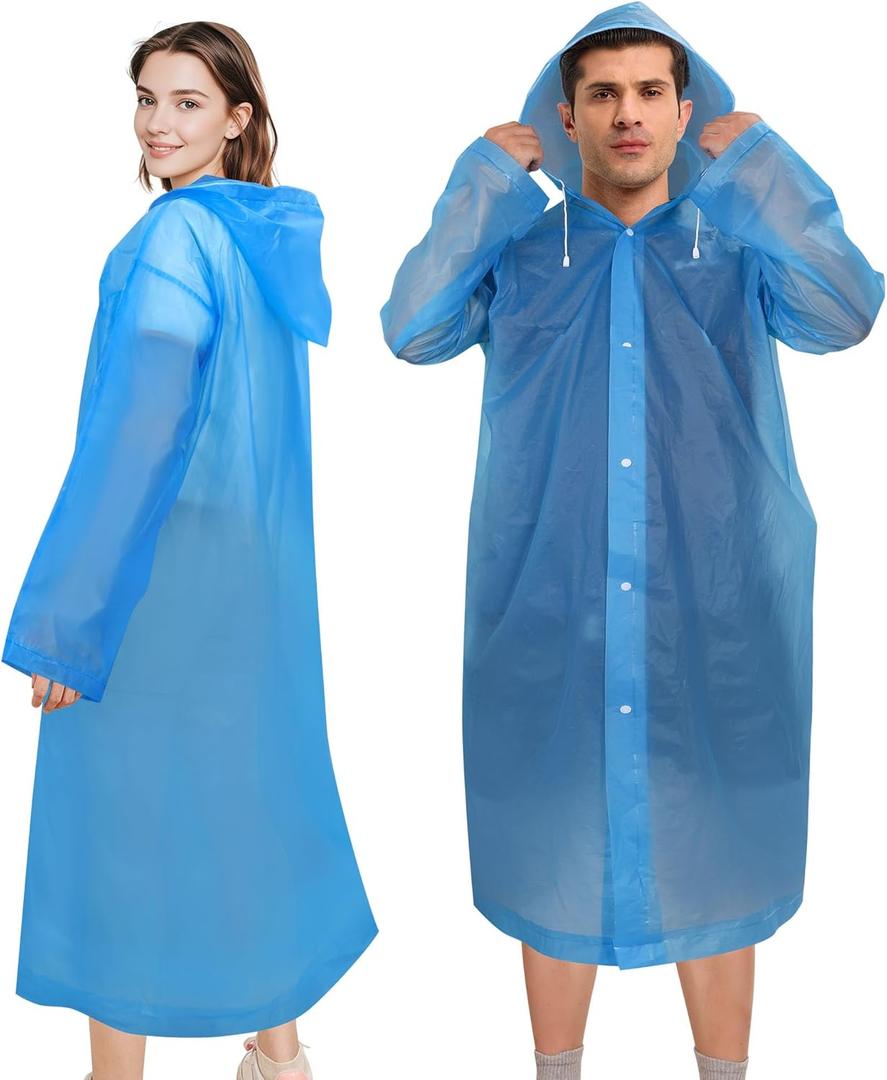 Rain Ponchos for Adults Reusable (2 Pack), Waterproof EVA Raincoats with Hood & Drawstring for Women & Men, Blue