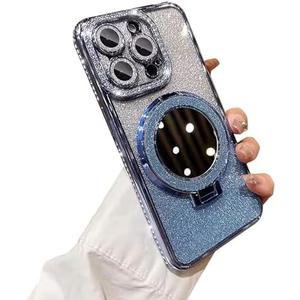 Fycyko for iPhone 12 Pro with Mirror Kickstand Glitter Luxury Holder Stand Plated Bling Aesthetic Phone Case Shockproof for iPhone 12 Pro-Blue