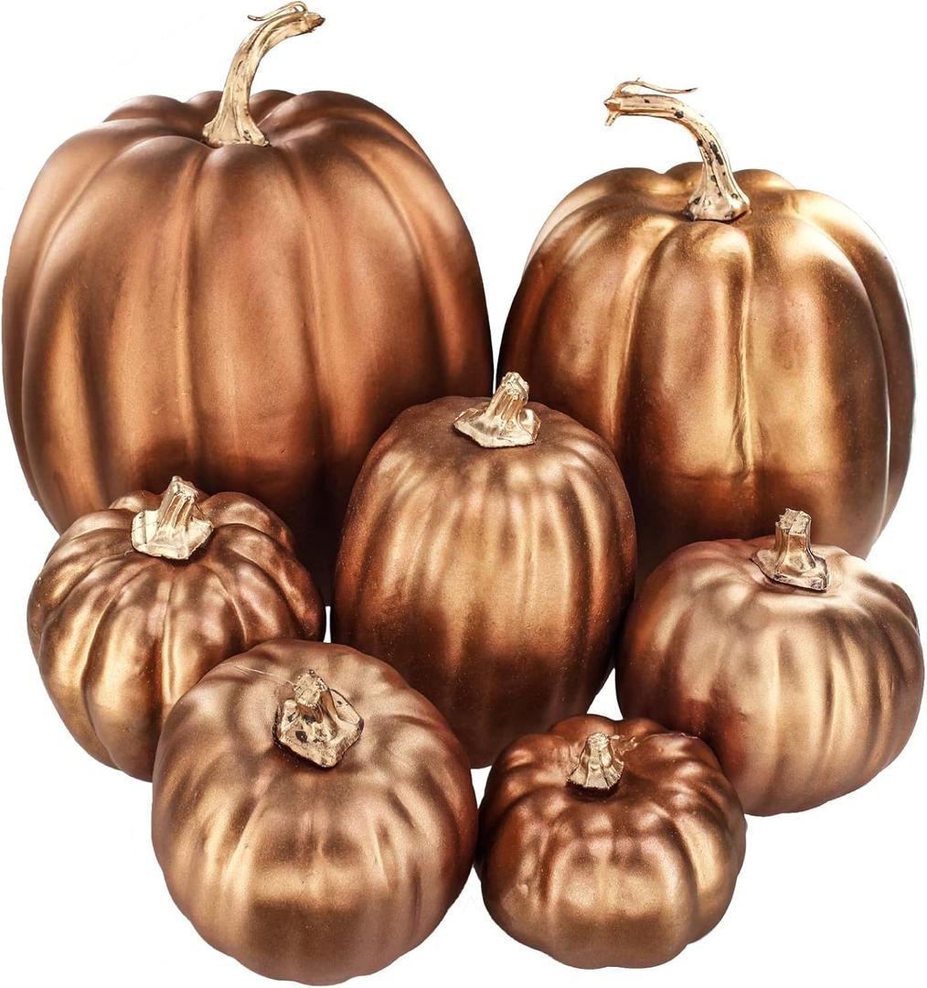 Winlyn 7 Pcs Assorted Sizes Artificial Metallic Bronze Pumpkins Rustic Decorative Fall Foam Pumpkins for Gifts Thanksgiving Halloween Harvest Fall Wedding Table Centerpiece Mantel Shelf Decor