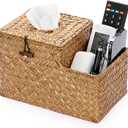 Sumnacon Square Woven Tissue Box Cover - Decorative Cube Tissue Box with Side Organizer, Rustic Seagrass Tissue Holder for Living Room Vanity Night Stand Table Countertop Office,Caramel