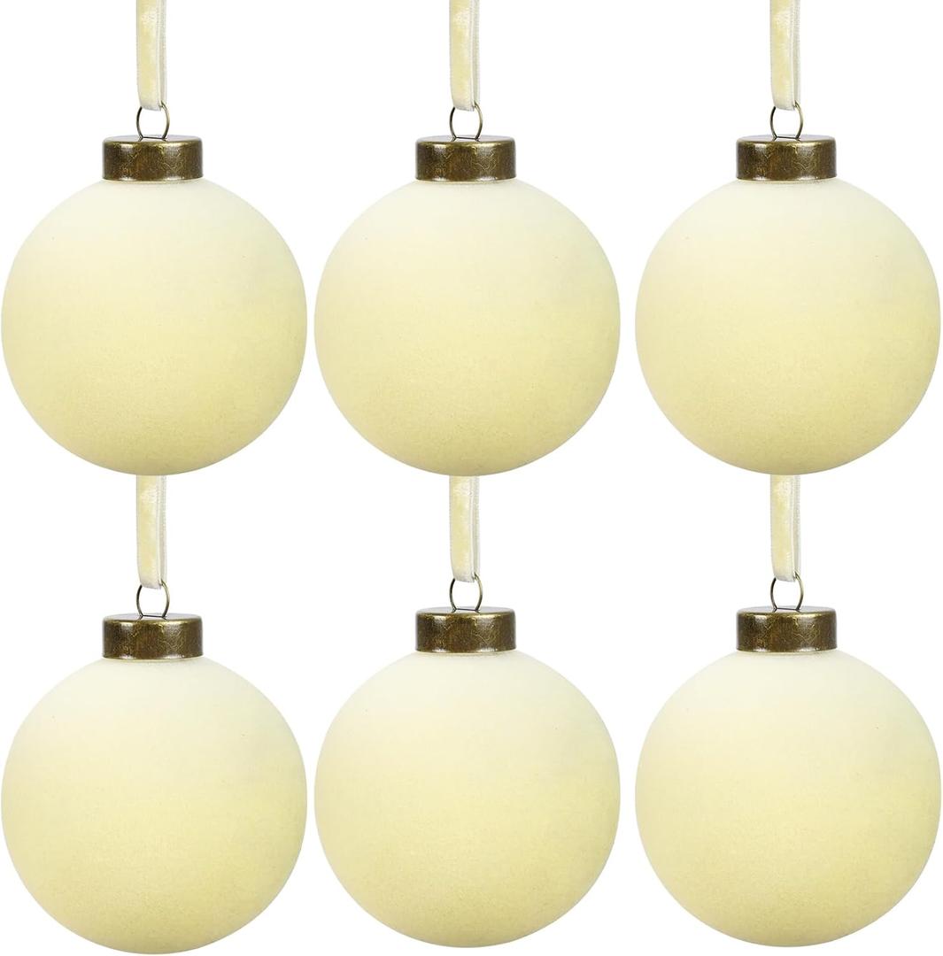 6 Pcs Velvet Christmas Balls Bulk Shatterproof Plastic Christmas Tree Decorations for Decorative Hanging Baubles (6, Beige, 3.94Inch)
