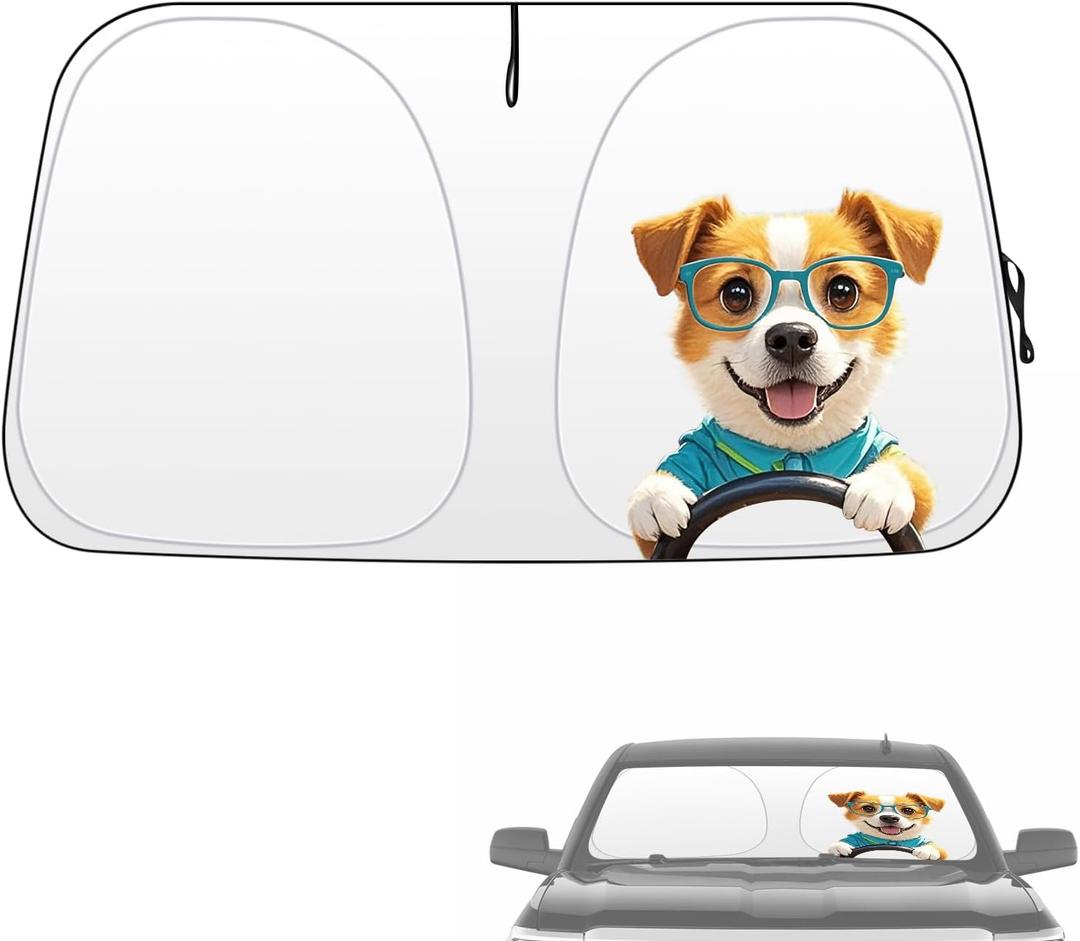 Windshield Sun Shade, Funny Puppy Foldable Car Front Window Covers, Sun Heat UV Rays Visor Protector Protection for Universal Cars, Trucks, and SUVs, Silver Coated on Both Sides M, 57 * 31in