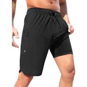 SILKWORLD Mens Swim Trunks with Compression Liner 9 Inch Long Bathing Suit 2 in 1 Beach Quick Dry Shorts with Pockets (X-Large, Black)