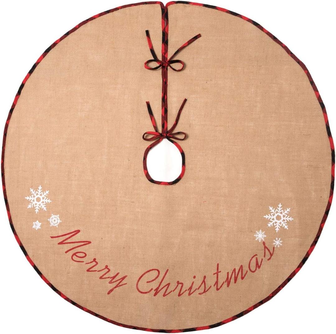 MACTING Christmas Tree Skirt 48 Inch Large Burlap Tree Mat with Red and Black Plaid Buffalo Edge Merry Christmas Printed for Country Holiday Indoor Home Party Xmas Tree Decorations