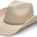 YOUBADU Faux Suede Felt Western Cowboy Hat for Women or Men, Wide Brim, Rivet Strap (Beige)