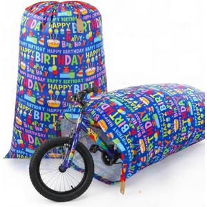 Pickmesh 2 Pcs Happy Birthday Drawstring Gift Bags 28 x 35 Inch Extra Large Baby Shower Bags Reusable Fabric Colorful Wrapping Pouch for Gender Reveal Supply Decor(Dark Blue, Blue Birthday)