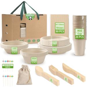 200pcs Compostable Paper Set Eco-friendly Heavy-duty Disposable Plates Cutlery Utensils, Bamboo Plates Bowls Forks Knives Spoons Cups Straws fruit sticks for Wedding Party Picnic