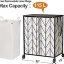 WOWLIVE Laundry Basket with Wheels, Heavy Duty Laundry Hamper with Wood Lid, Clothes Hamper with Divided Removable Liner Bag, Large Capacity Iron-Made Laundry Sorter Laundry Room Organization (Beige) (115L(22 x 13 x 26.4 Inches))