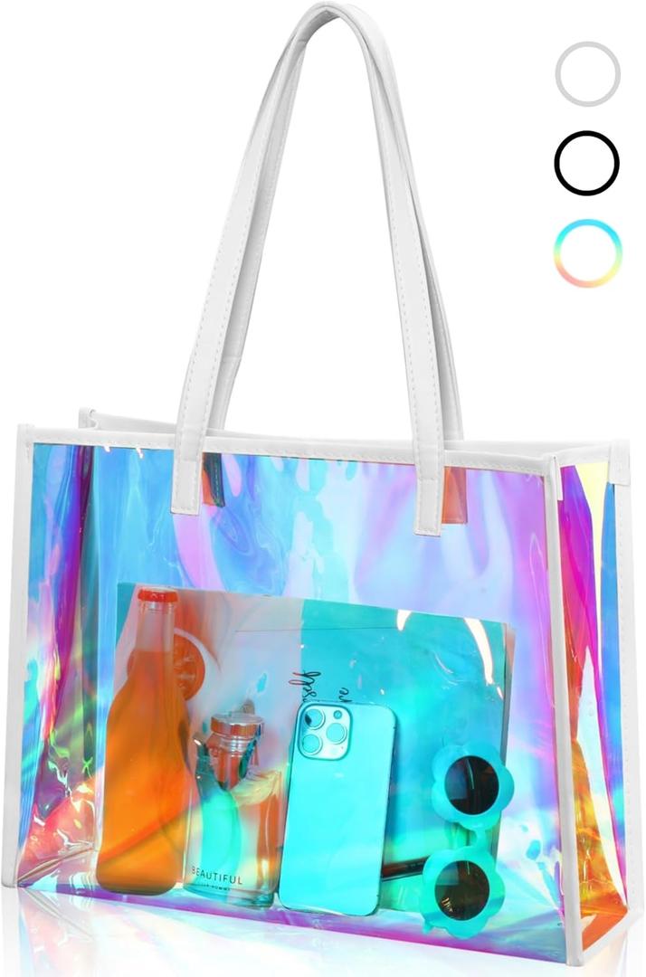 Aliceset Holographic Clear Tote Bag with Leather Handle Iridescent Bachelorette Beach Bag for Work Stadium Travel (White)